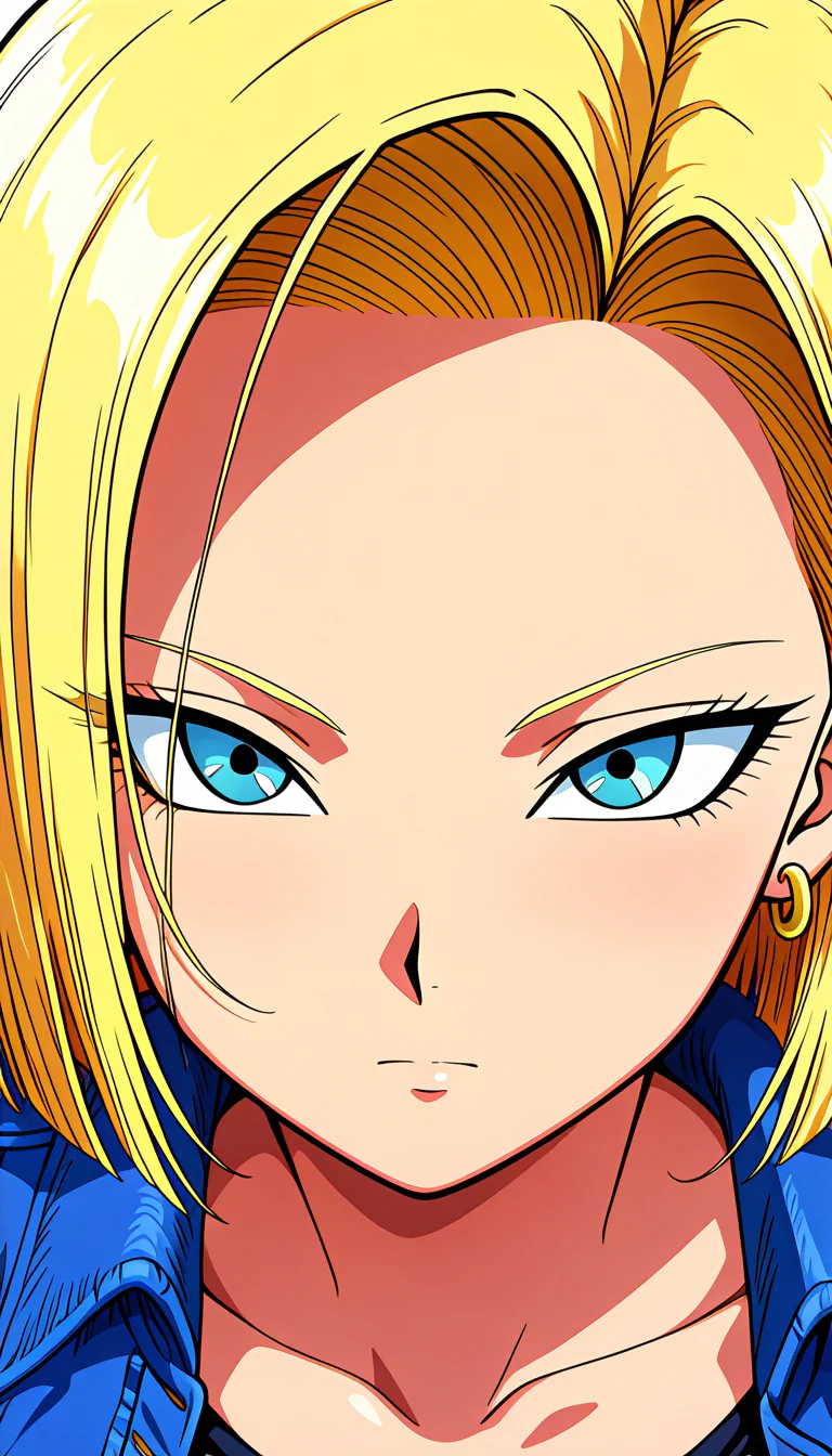 A close-up anime portrait of a fair-skinned woman with a short blonde bob, striking blue eyes, and a serious expression wearing a blue denim jacket.
