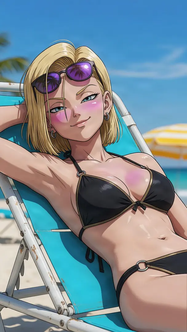 Android 18 from Dragon Ball sunbathes on a blue beach chair wearing a black bikini with purple sunglasses perched in her blonde hair.