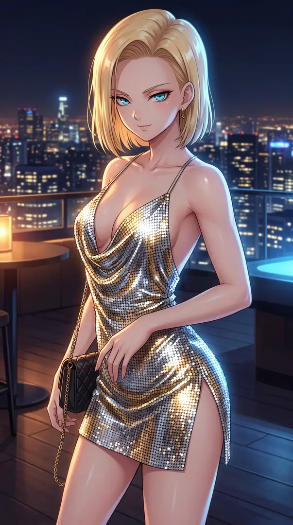 An anime-style woman with short blonde hair and striking blue eyes poses on a nighttime city balcony wearing a shimmering silver mini dress and carrying a small black purse.