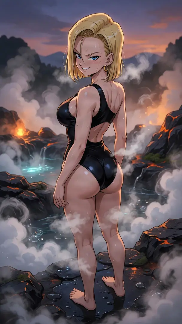 Android 18 looking back over her shoulder in a black one-shoulder swimsuit at a steamy thermal bath at dusk.