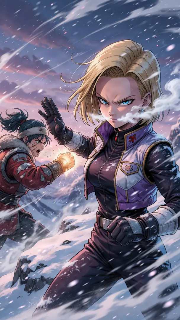 Android 18 strikes a fierce combat pose with frosty breath in a snowy mountain landscape as a warrior with a glowing fist readies an attack behind her.