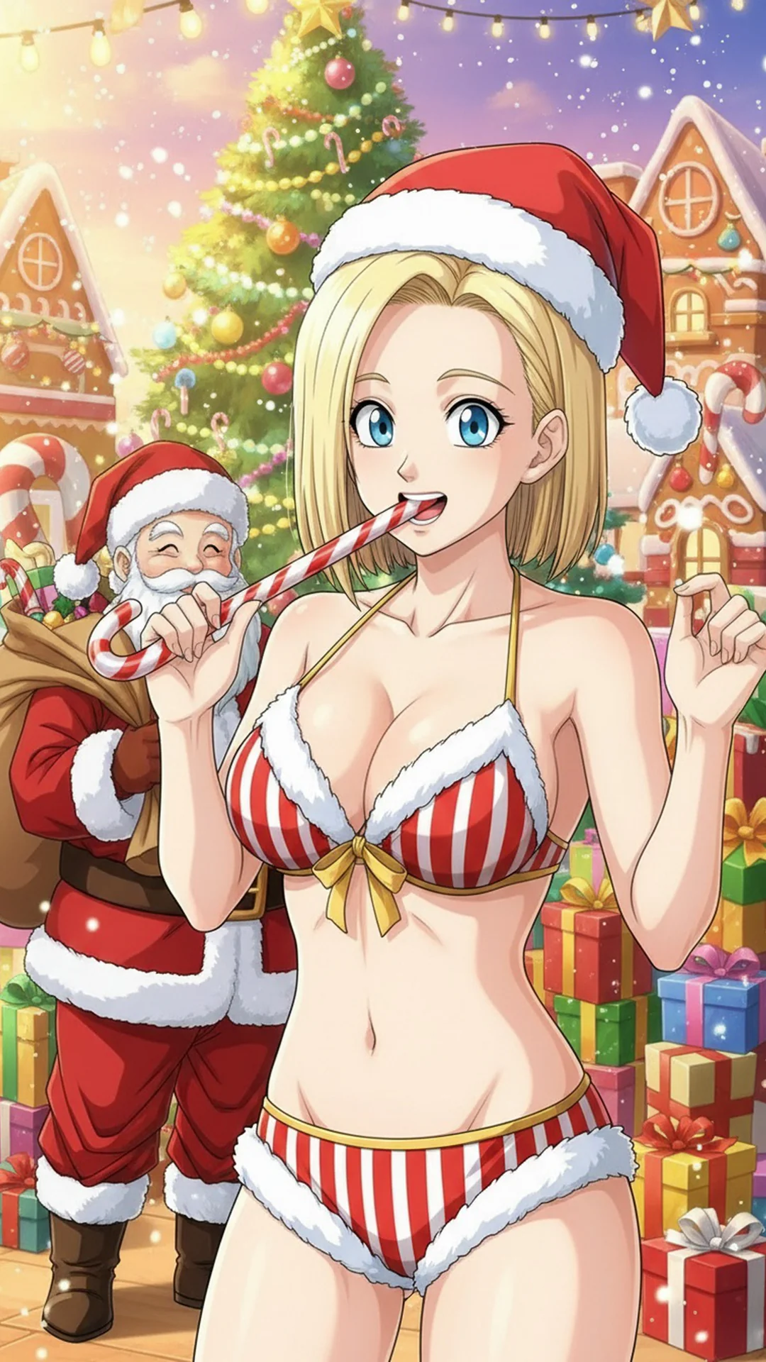 Android 18 from Dragon Ball in festive Christmas attire, cheerful anime holiday illustration, AI Art by Daddy Jim Headquarters