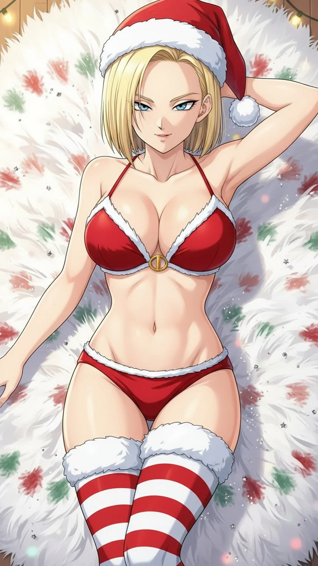 Android 18 in festive Christmas outfit, Dragon Ball anime-style AI Art by Daddy Jim Headquarters