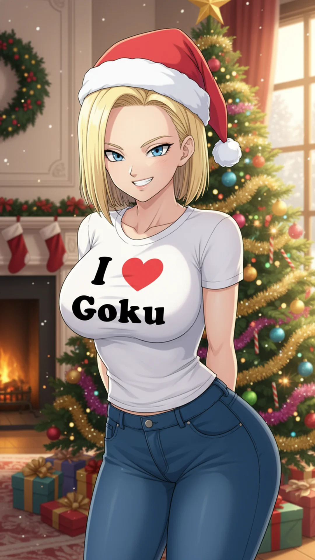 AI Art of Android 18 from Dragon Ball in festive holiday attire with Christmas decorations by Daddy Jim Headquarters