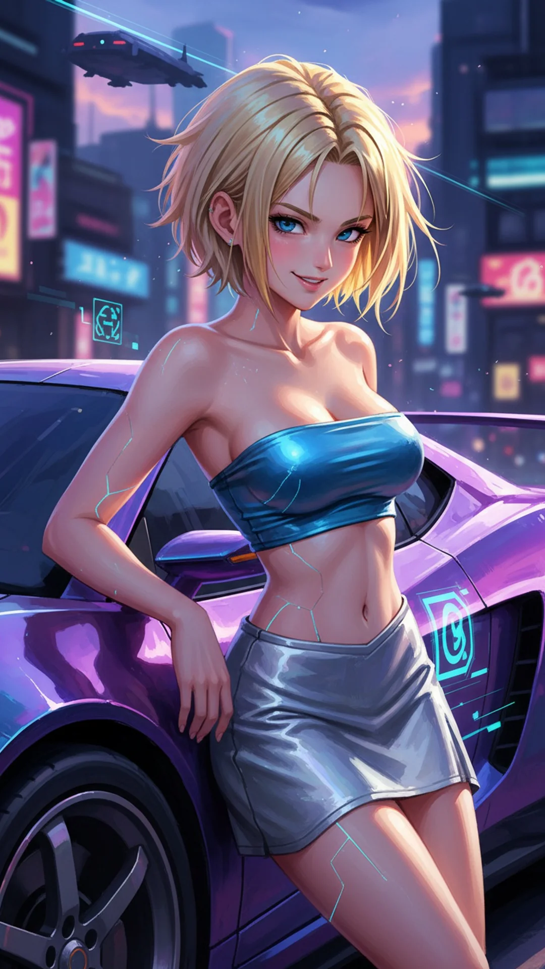 Android 18 in vibrant cyberpunk anime style, neon-lit Dragon Ball AI Art by Daddy Jim Headquarters