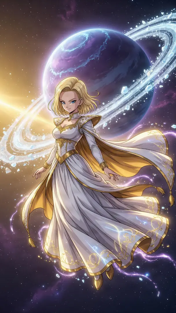 Android 18 from Dragon Ball floats gracefully in space wearing an elegant white and gold gown, set against a glowing cosmic backdrop featuring a large ringed planet and swirling purple energy.