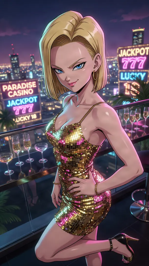 Android 18 from Dragon Ball poses on a nighttime balcony in a sparkling gold sequin mini dress with glowing neon casino signs in the background.