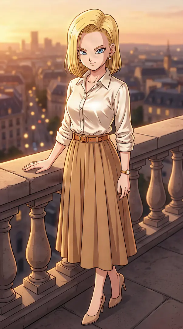 Android 18 from Dragon Ball stands on a stone balcony overlooking a sunset cityscape, wearing a white button-down shirt, a brown belt, and a tan pleated skirt.