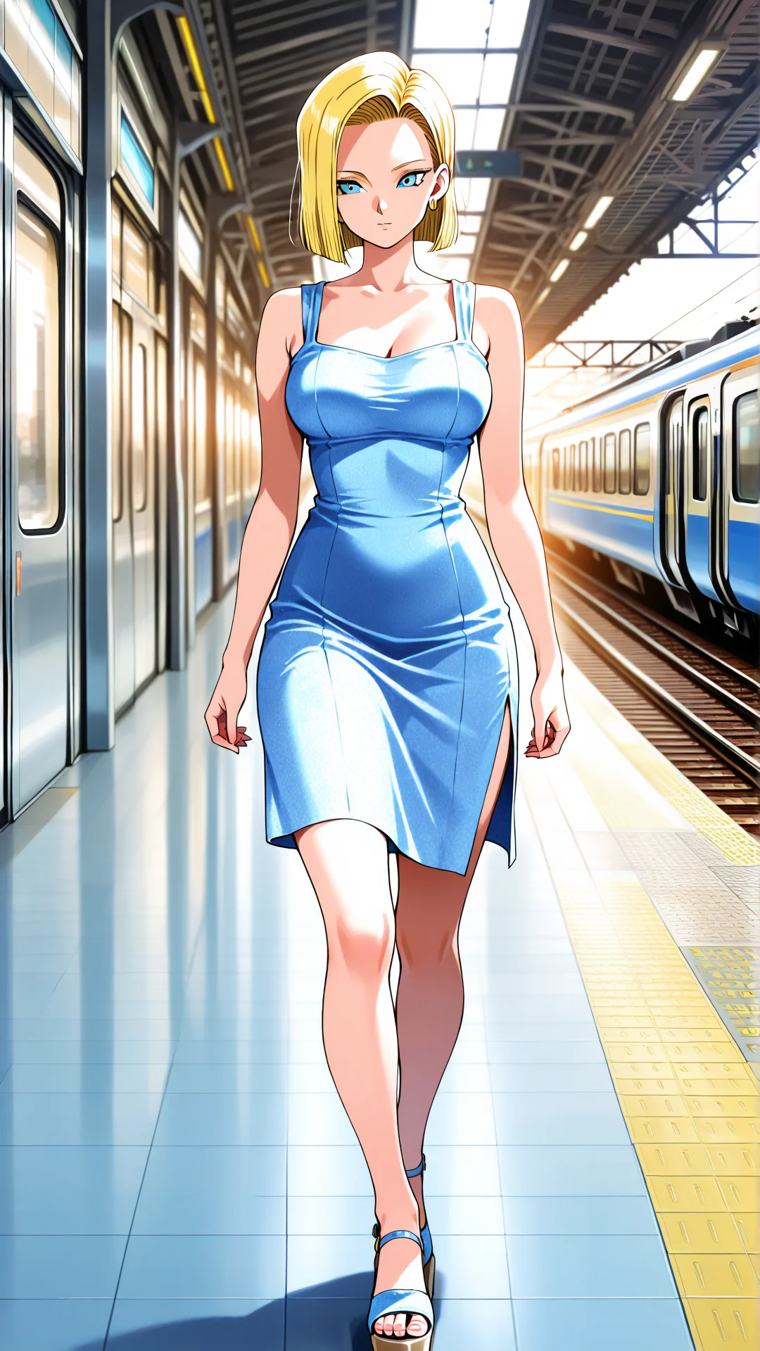 A blonde anime-style woman wearing a sleek light blue dress and matching heels walks confidently down a brightly lit train station platform.