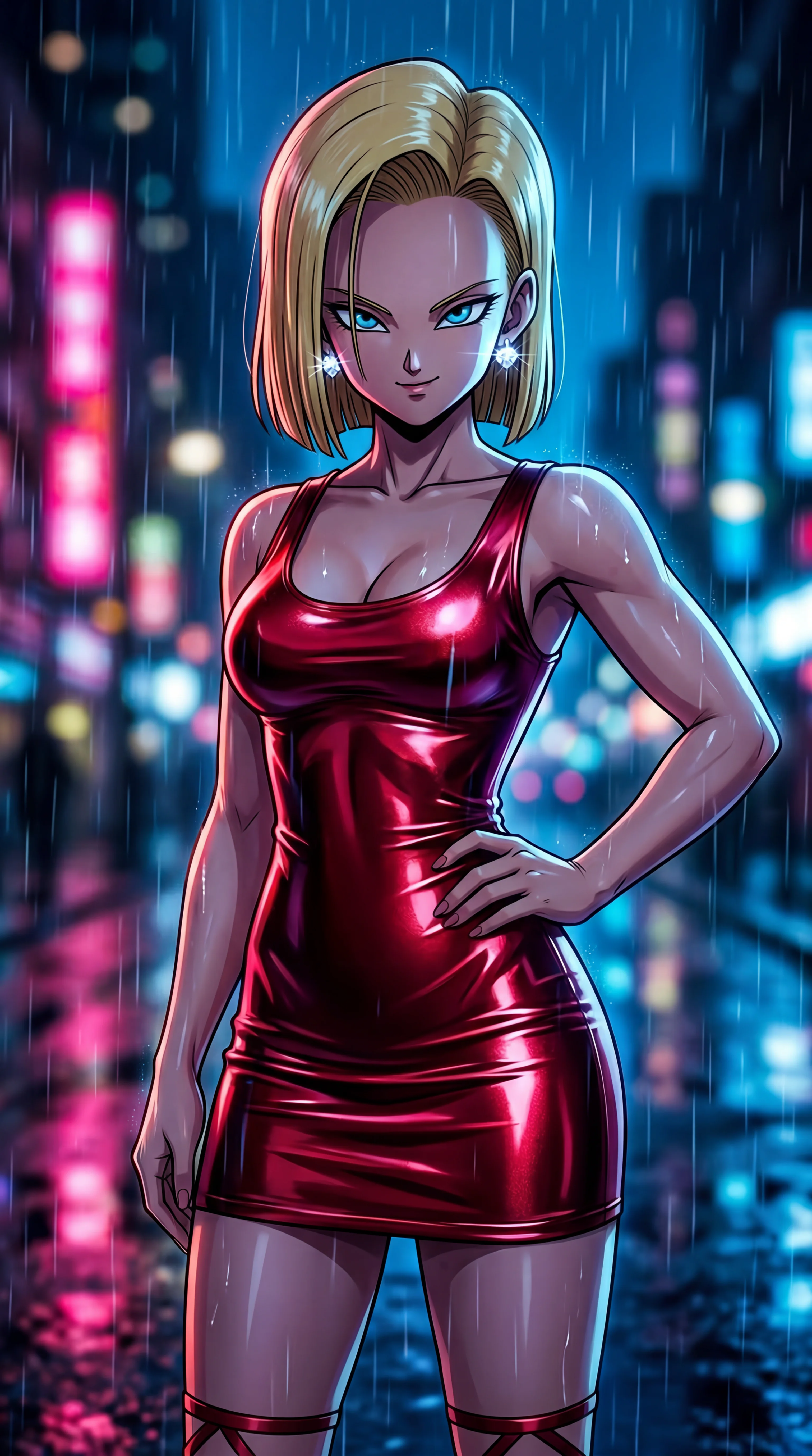 A confident anime-style woman with short blonde hair and blue eyes poses in a shiny red minidress under the rain against a backdrop of blurry neon city lights.