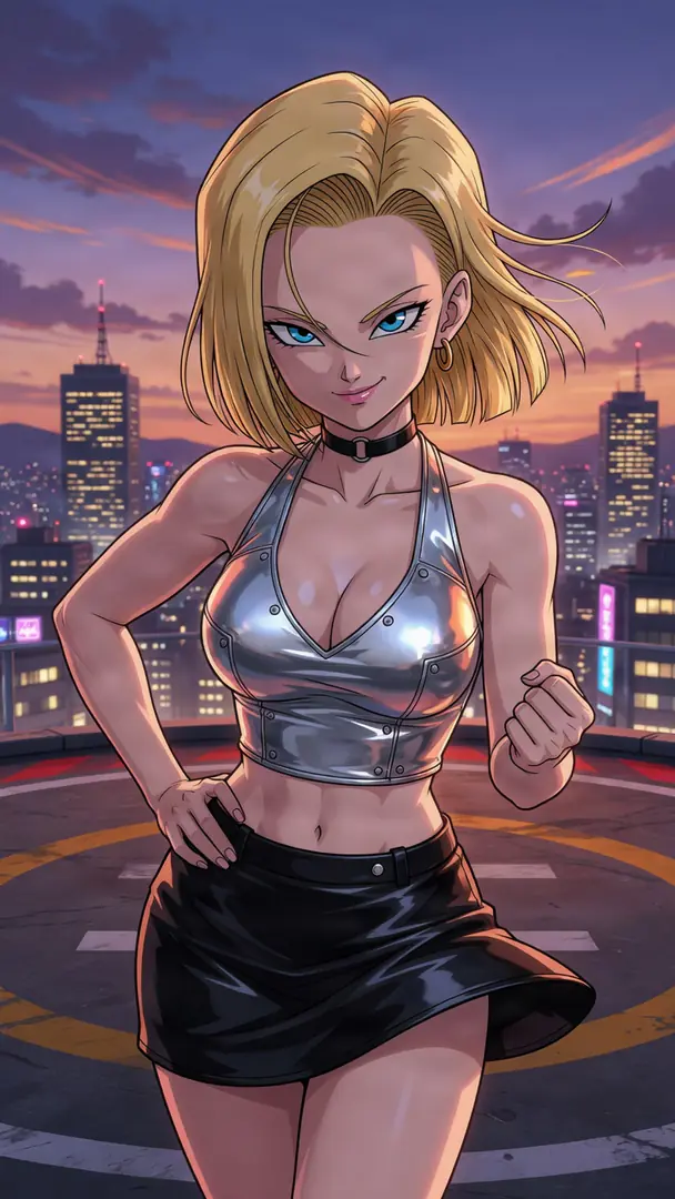 Android 18 from Dragon Ball smiles confidently while posing on a rooftop helipad against a twilight city skyline, wearing a metallic silver halter top and a black miniskirt.