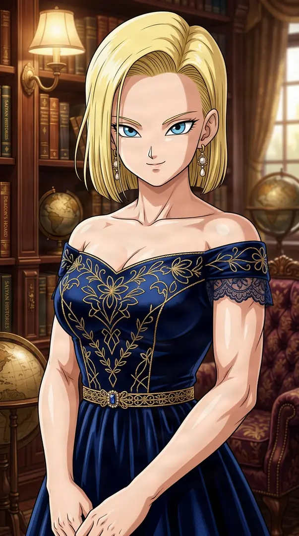 Android 18 from Dragon Ball stands in a classic library wearing an elegant, off-the-shoulder dark blue gown detailed with gold floral embroidery.