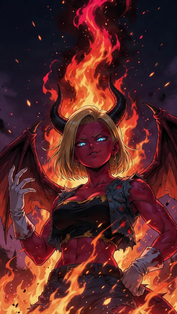 Android 18 from Dragon Ball is depicted as a grinning, red-skinned demon with black horns and bat wings standing confidently amidst roaring flames.