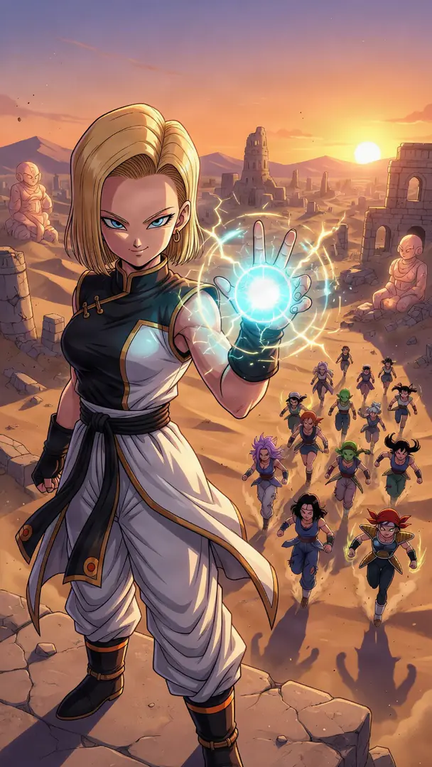 Android 18 from Dragon Ball stands amidst desert ruins at sunset, charging a glowing blue energy sphere in her hand as a group of fighters rushes toward her.