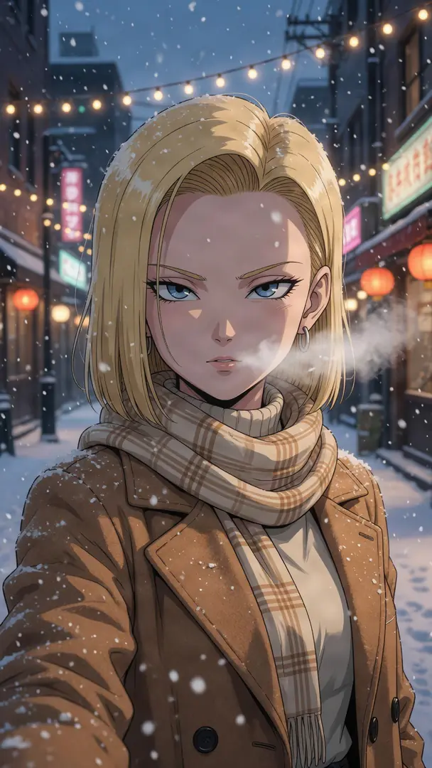Android 18 from Dragon Ball stands on a snowy city street under warm string lights wearing a brown winter coat and plaid scarf with her breath visible in the cold air.