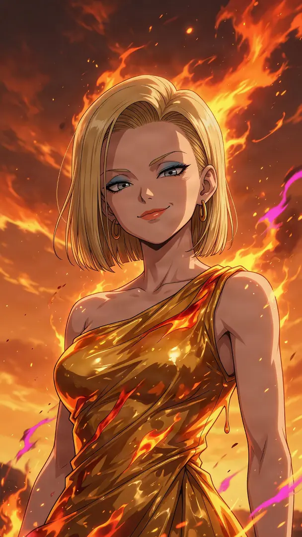 Android 18 from Dragon Ball smiles confidently in a metallic gold one-shoulder dress against a backdrop of raging orange flames.