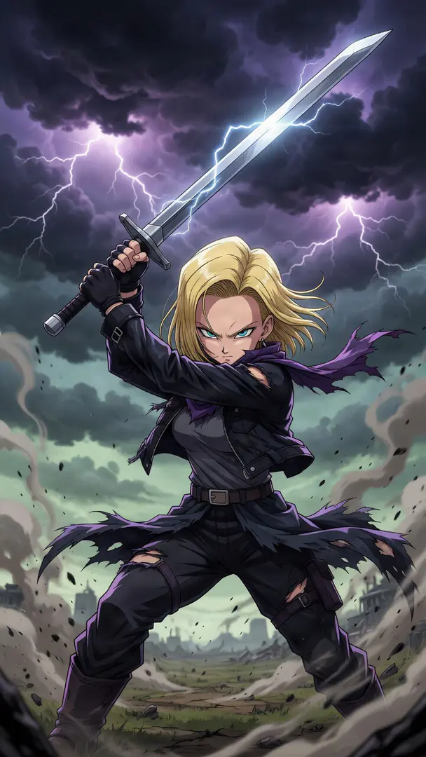 Android 18 from Dragon Ball, dressed in tattered dark clothing, fiercely wields a large sword above her head against a backdrop of a ruined landscape and a stormy sky filled with purple lightning.
