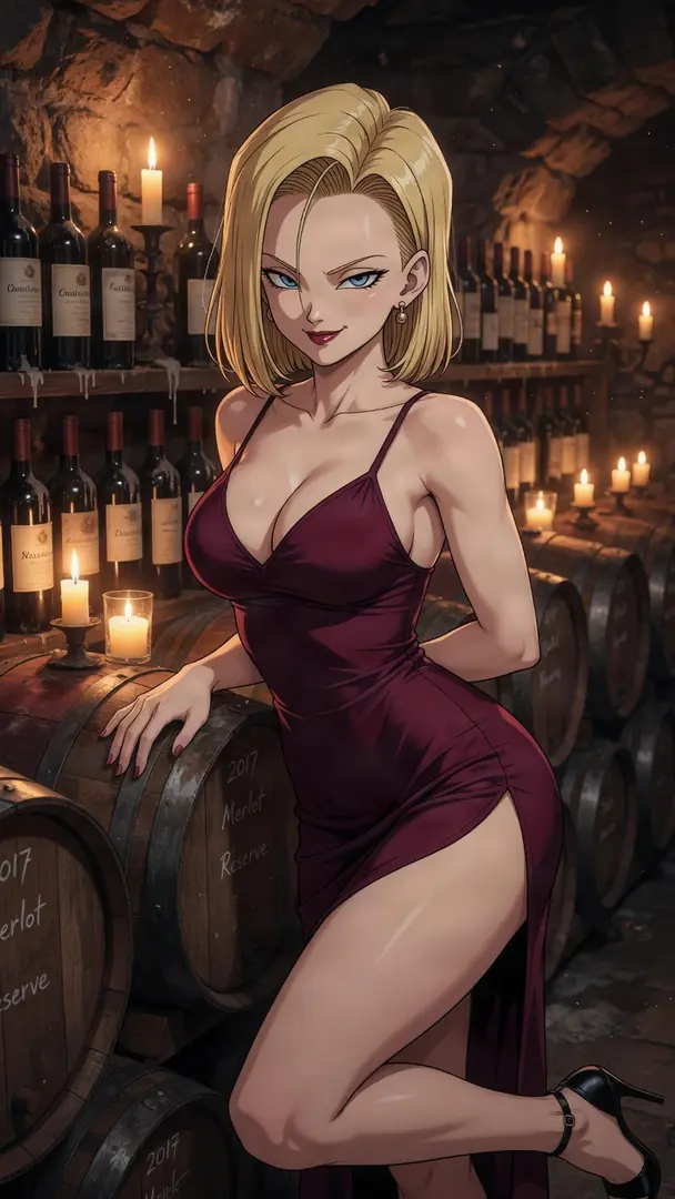 Android 18 in a chrome silver crop top and black pleated micro skirt at a neon cyber flower market at night.