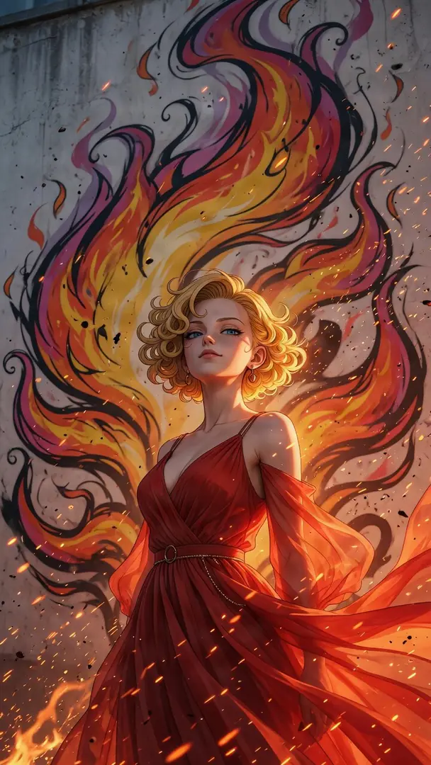 Android 18 from Dragon Ball poses elegantly in a flowing red dress against a concrete wall painted with a vibrant, swirling flame mural amid glowing embers.