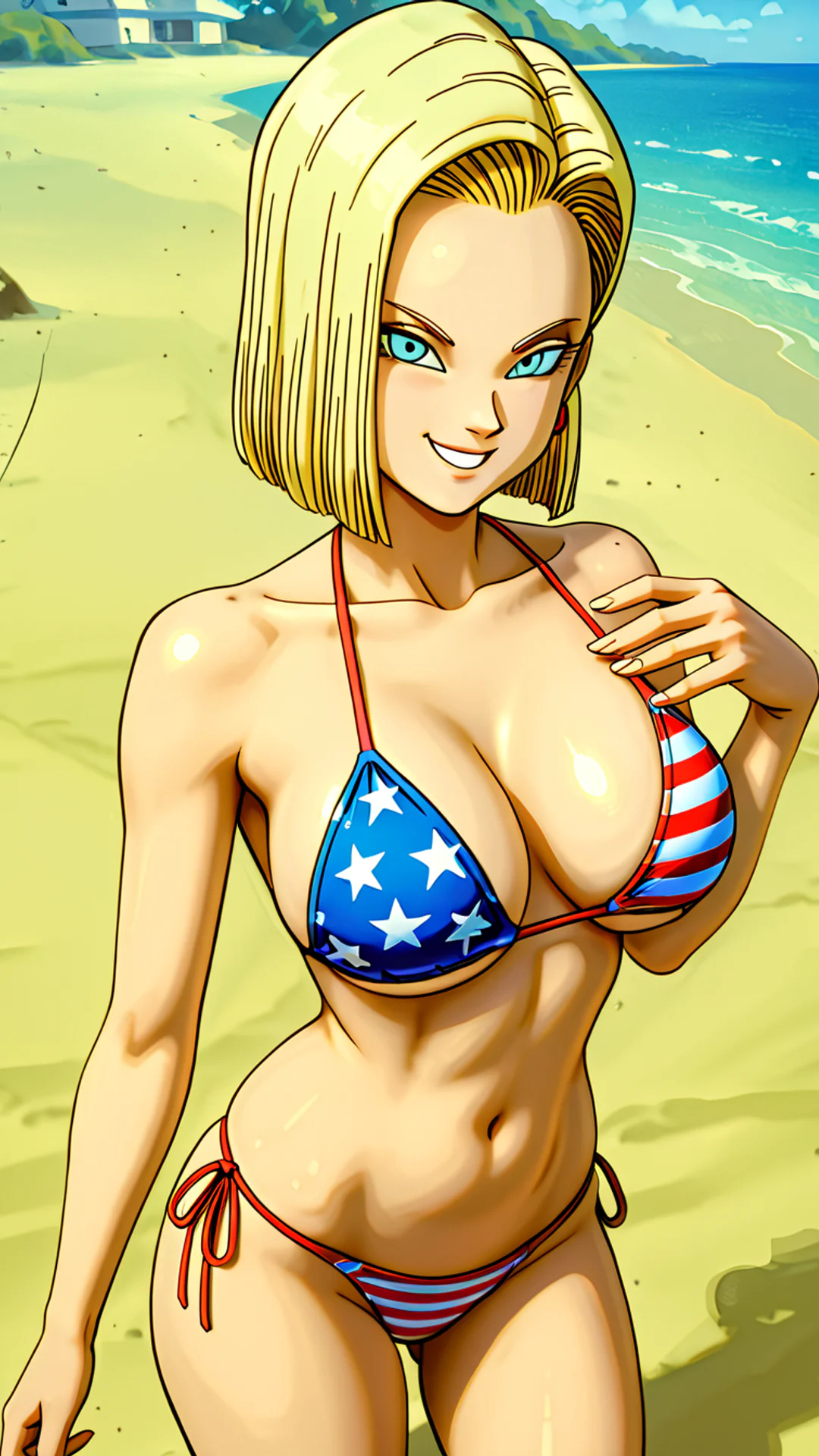 AI Art by Daddy Jim Headquarters features an animated character resembling Android 18 from Dragon Ball. She is depicted on a sunny beach, wearing a bikini with an American flag design. The setting includes a clear blue sky and ocean waves in the back