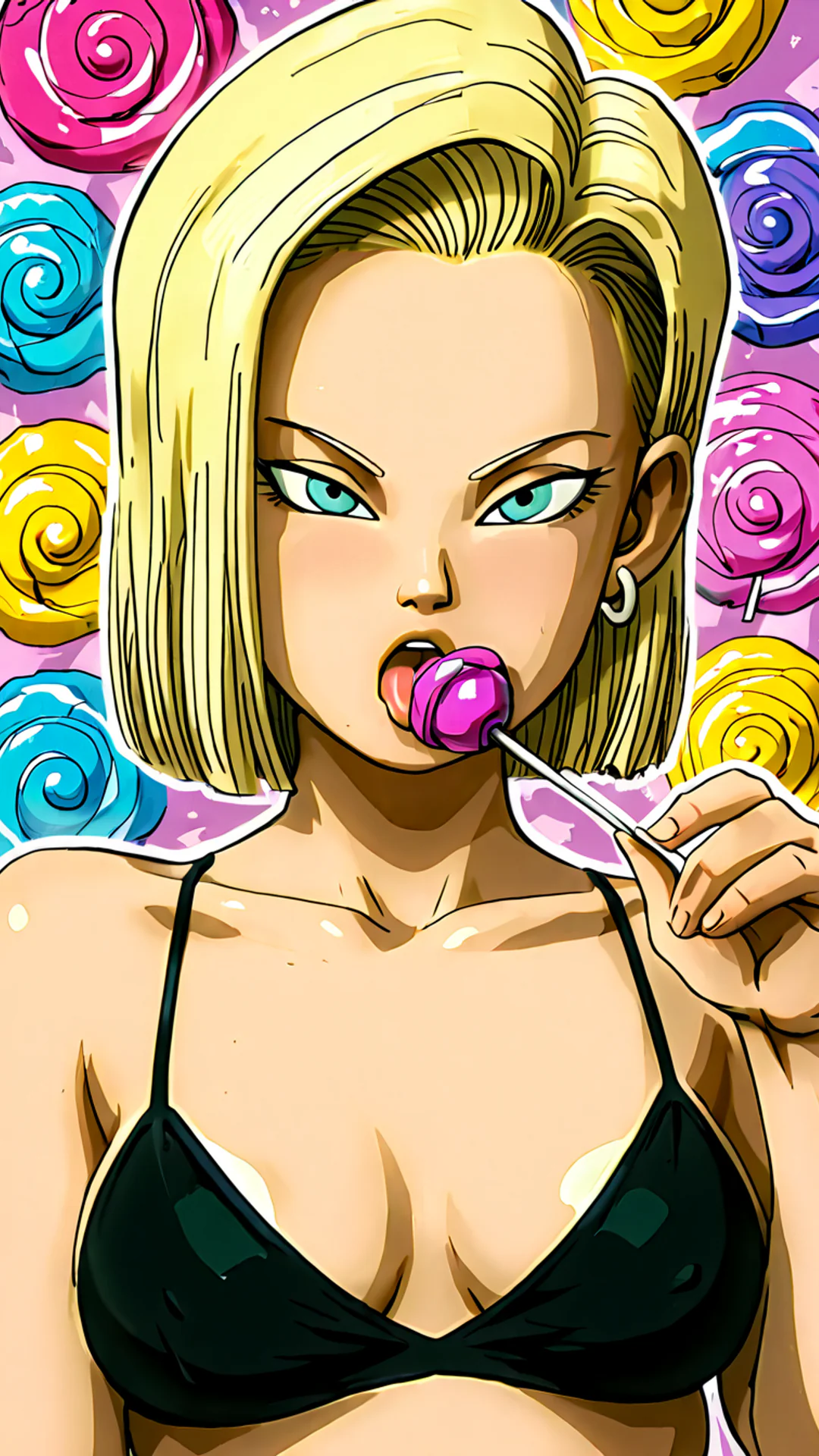 AI Art by Daddy Jim Headquarters: An animated character with blonde hair and teal eyes is featured licking a purple lollipop. She wears a black bikini top and is set against a colorful background filled with swirled lollipops in various colors like y