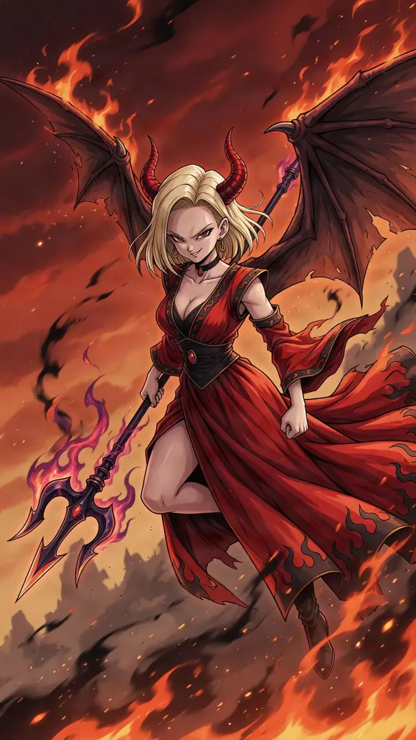 Android 18 from Dragon Ball is reimagined as a demon with red horns and bat wings, wearing a flowing red dress and wielding a flaming dark trident against a fiery backdrop.