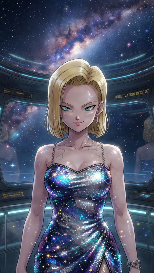 Android 18 from Dragon Ball smiles confidently while wearing a sparkling, galaxy-patterned dress inside a spaceship observation deck overlooking a starry cosmos.
