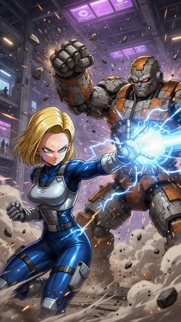 Android 18 from Dragon Ball fires a crackling blue energy blast as a massive, heavily armored robot raises its fist behind her in a debris-filled industrial battlefield.