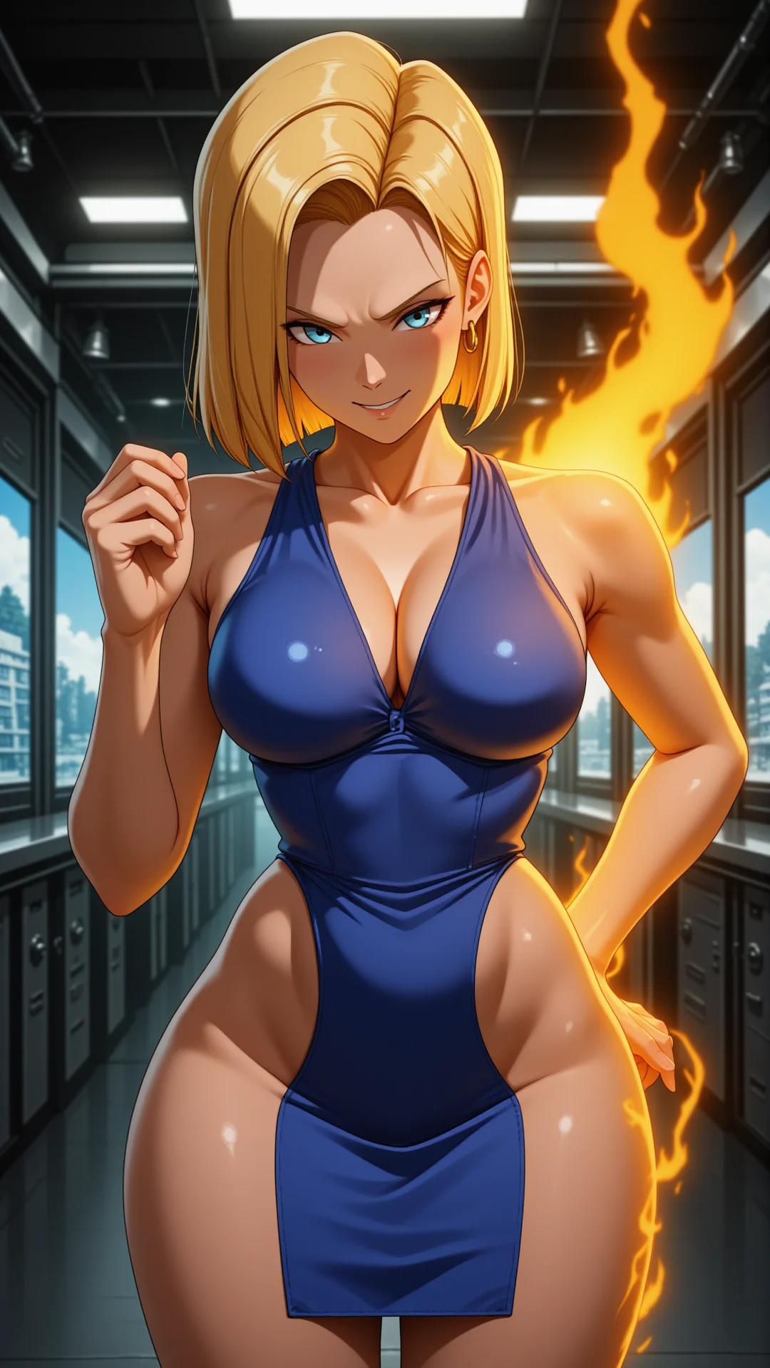 AI Art by Daddy Jim Headquarters depicting Android 18 from Dragon Ball. She wears a form-fitting blue dress that accentuates her figure, especially her thighs. She stands confidently in a modern interior, with a playful expression, and a fiery aura a