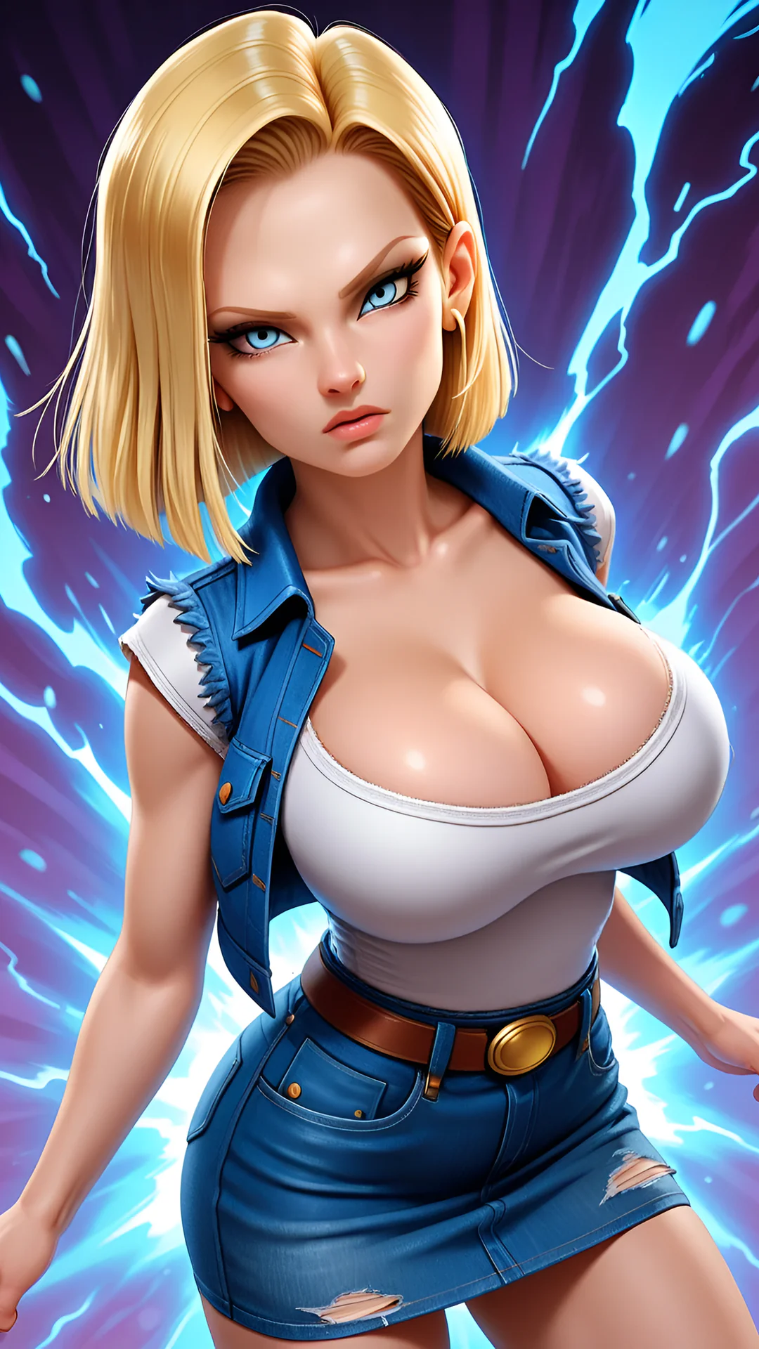 AI Art by Daddy Jim Headquarters featuring a striking portrayal of a female character with short blonde hair and intense blue eyes. She wears a denim vest and skirt with a white top, exuding a powerful and confident aura. The background is filled with dynamic blue energy, enhancing the dramatic effect. This image is inspired by anime aesthetics and character design, reminiscent of popular animated series.