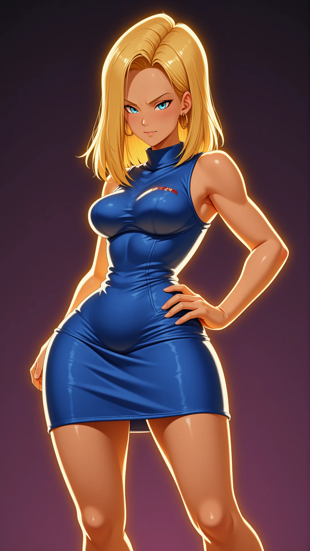 AI Art by Daddy Jim Headquarters featuring Android 18 from Dragon Ball. She stands confidently, showcasing her curves in a sleek, form-fitting blue dress. Her blonde hair frames her determined expression, and the background has a subtle gradient that highlights her strong presence.