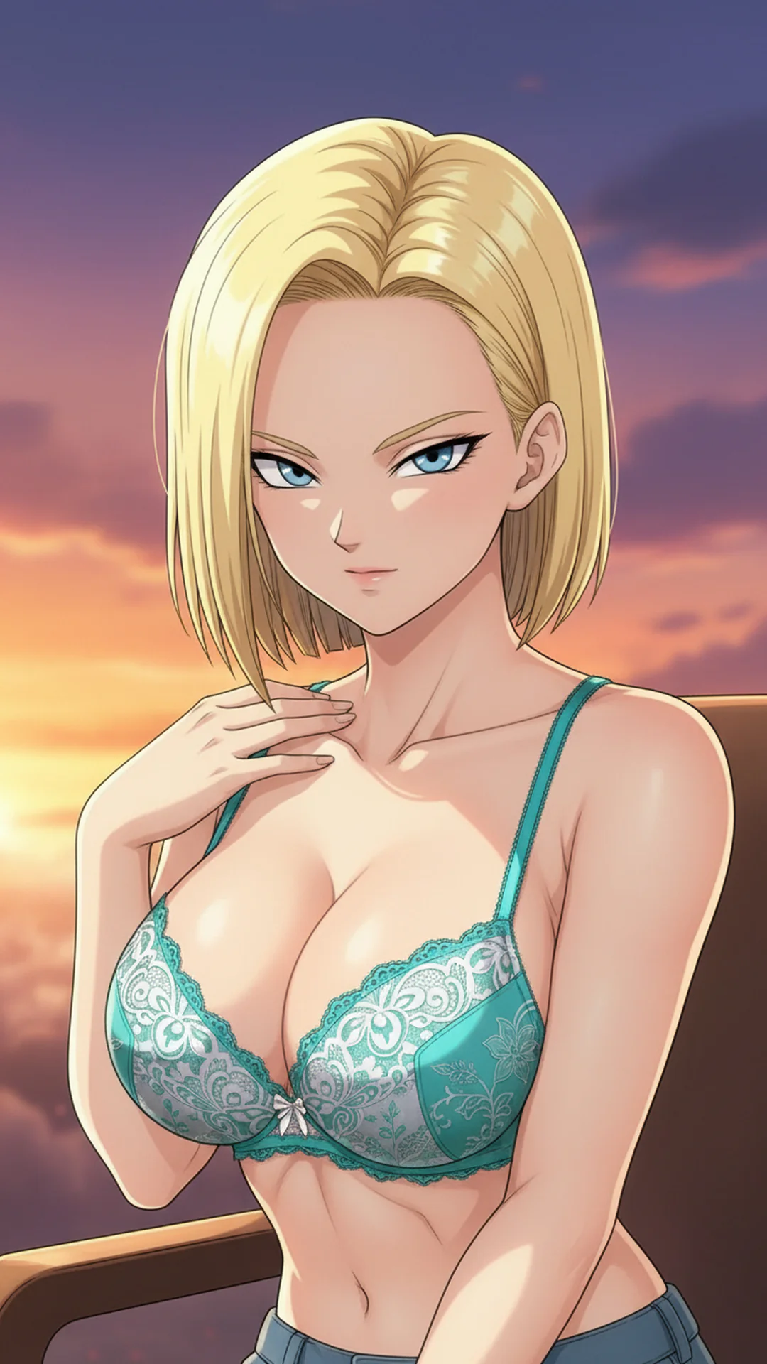 AI Art of Android 18 from Dragon Ball with confident expression in anime style by Daddy Jim Headquarters