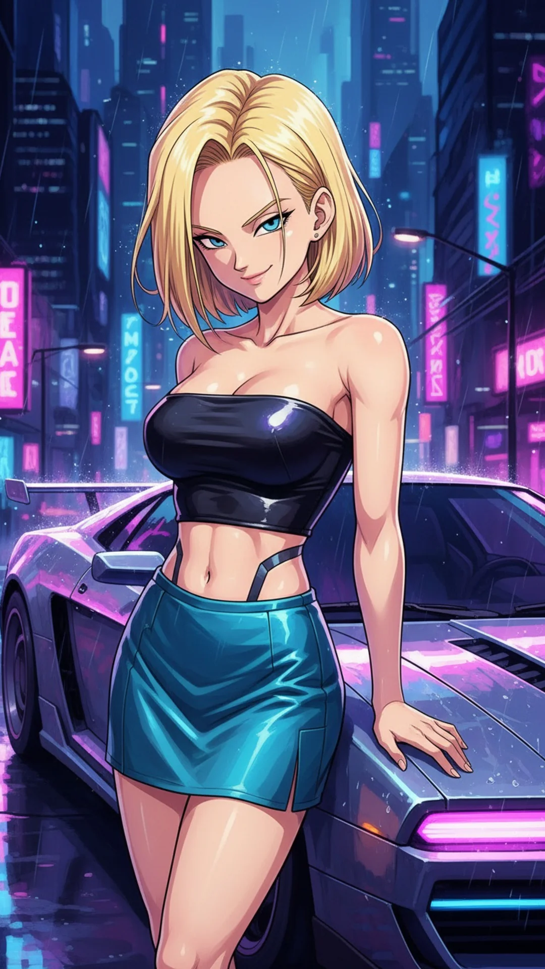 Android 18 from Dragon Ball in cyberpunk anime style with neon accents, AI Art by Daddy Jim Headquarters