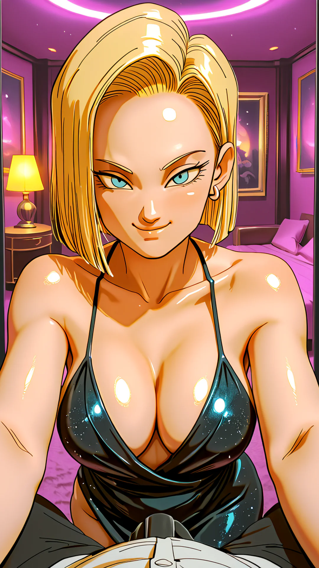 AI Art by Daddy Jim Headquarters: The image features Android 18 from Dragon Ball, depicted in a sleek black cocktail dress with a shimmering effect. Her confident expression is highlighted, and her short blonde hair adds to her striking appearance. T