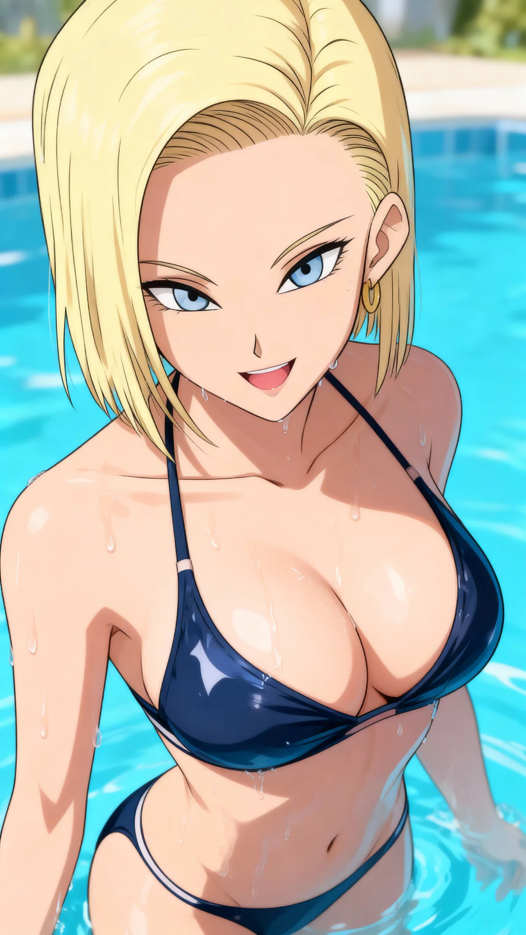 AI Art of Android 18 from Dragon Ball relaxing poolside in anime style by Daddy Jim Headquarters