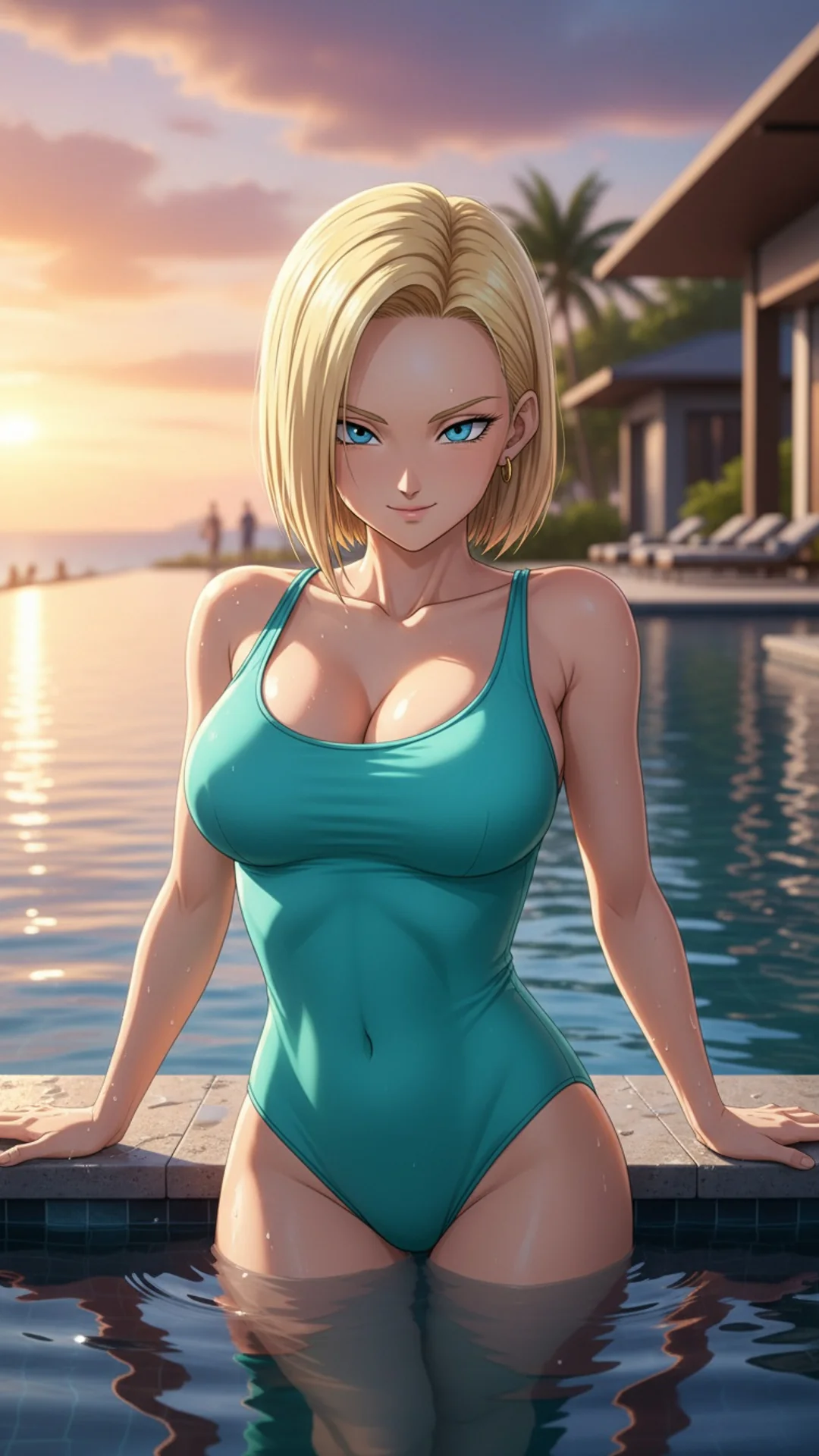 Android 18 Poolside at Sunset - Dragon Ball Waifu Art