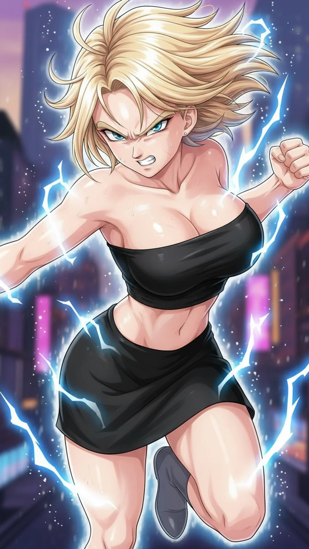 AI Art of Android 18 from Dragon Ball in dynamic battle pose with fierce expression by Daddy Jim Headquarters