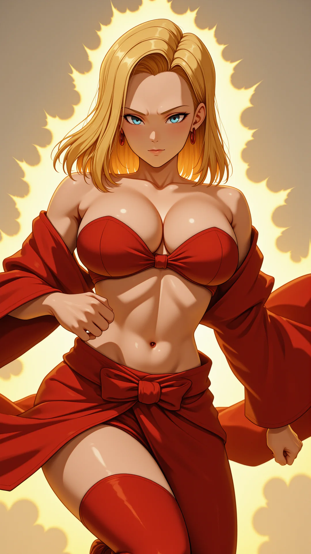 AI Art by Daddy Jim Headquarters: Android 18 from Dragon Ball is depicted in a dynamic pose, exuding strength and confidence. She is wearing a striking red outfit, including a bandeau top and skirt with a prominent bow. Her blonde hair frames her foc
