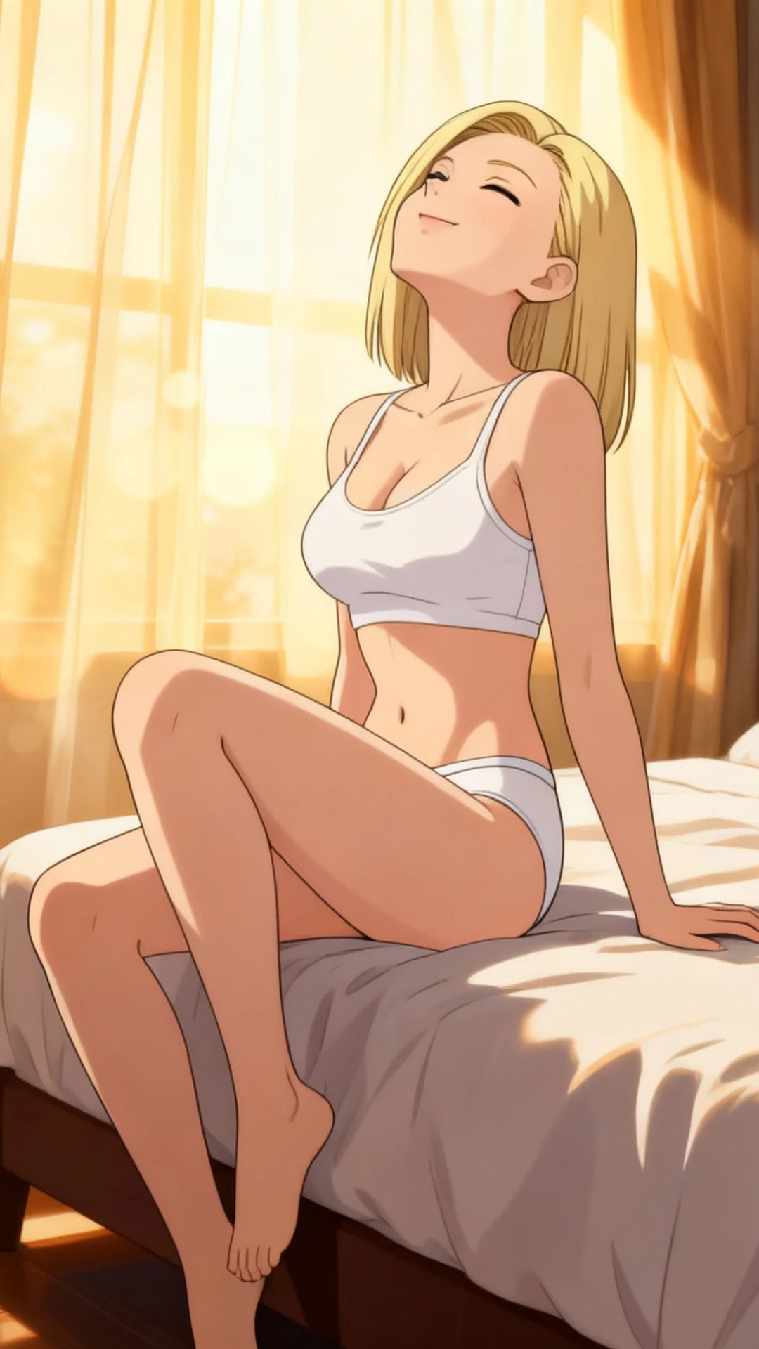 Android 18 from Dragon Ball sitting on a bed in anime-style AI Art by Daddy Jim Headquarters