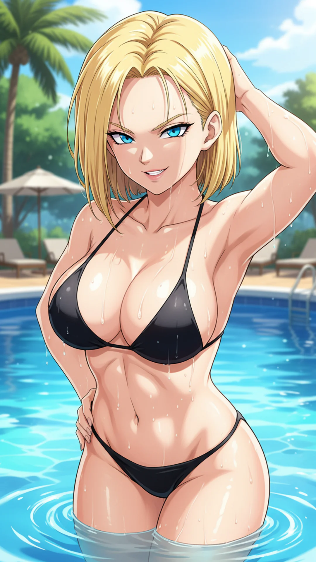 Anime-style Android 18 Dragon Ball waifu in black bikini at pool - AI Art by Daddy Jim Headquarters