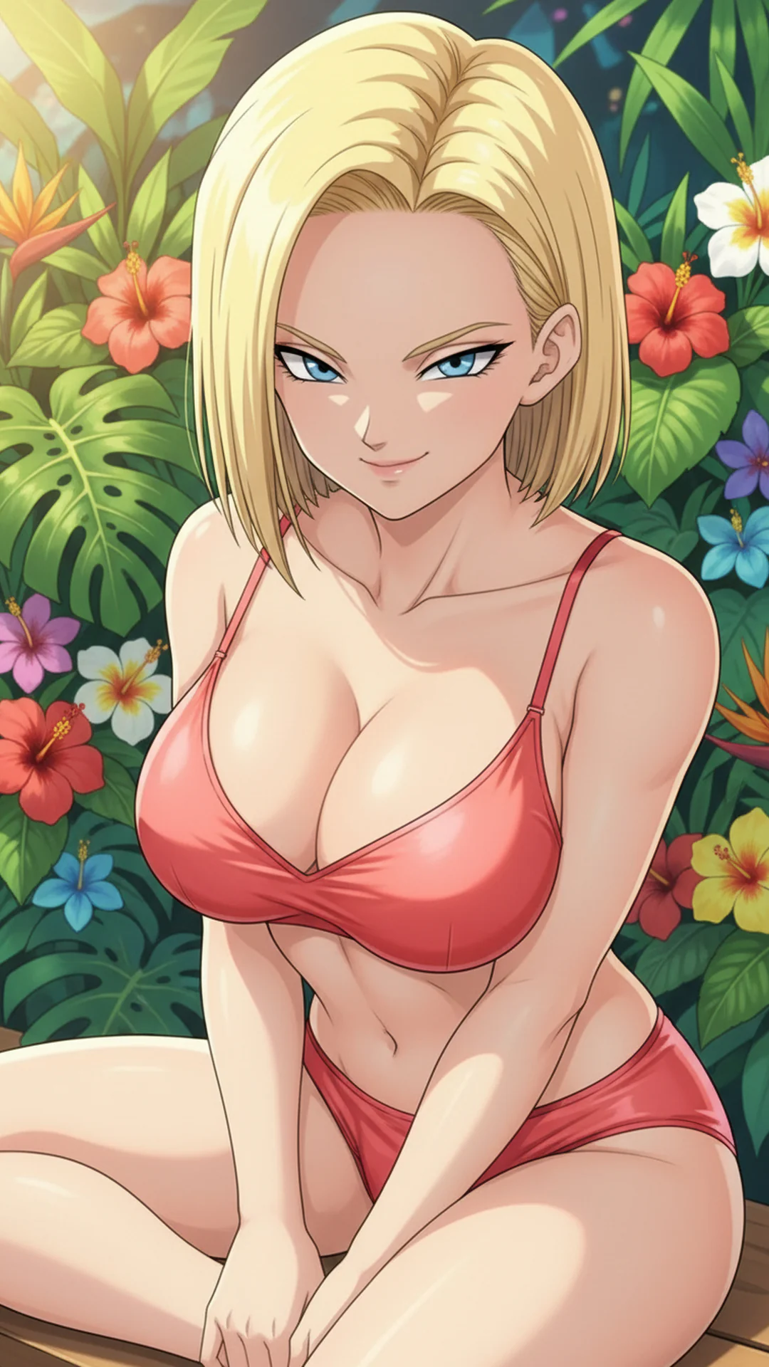 Android 18 from Dragon Ball with short blonde hair in anime style, AI Art by Daddy Jim Headquarters