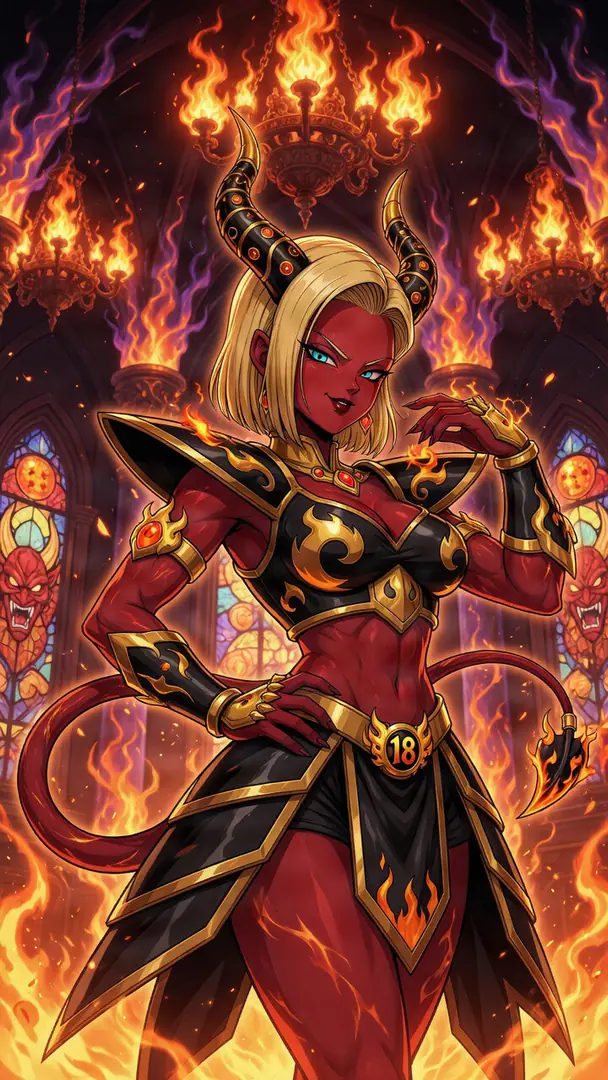 Android 18 from Dragon Ball is reimagined as a confident, red-skinned demon with curved horns, a pointed tail, and black and gold armor, standing amidst flames in a gothic cathedral.