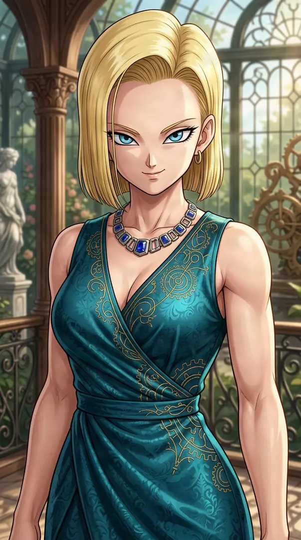 Android 18 from Dragon Ball stands in a sunlit conservatory wearing an elegant sleeveless teal wrap dress adorned with gold gear patterns and a prominent sapphire necklace.