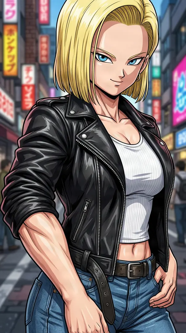 Android 18 from Dragon Ball poses confidently on a neon-lit city street wearing a black leather jacket, a white crop top, and blue jeans.