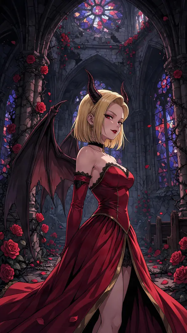 Android 18 from Dragon Ball is reimagined as a demon with black horns and bat wings, wearing a flowing dark red gown inside a ruined gothic cathedral overgrown with thorny roses.