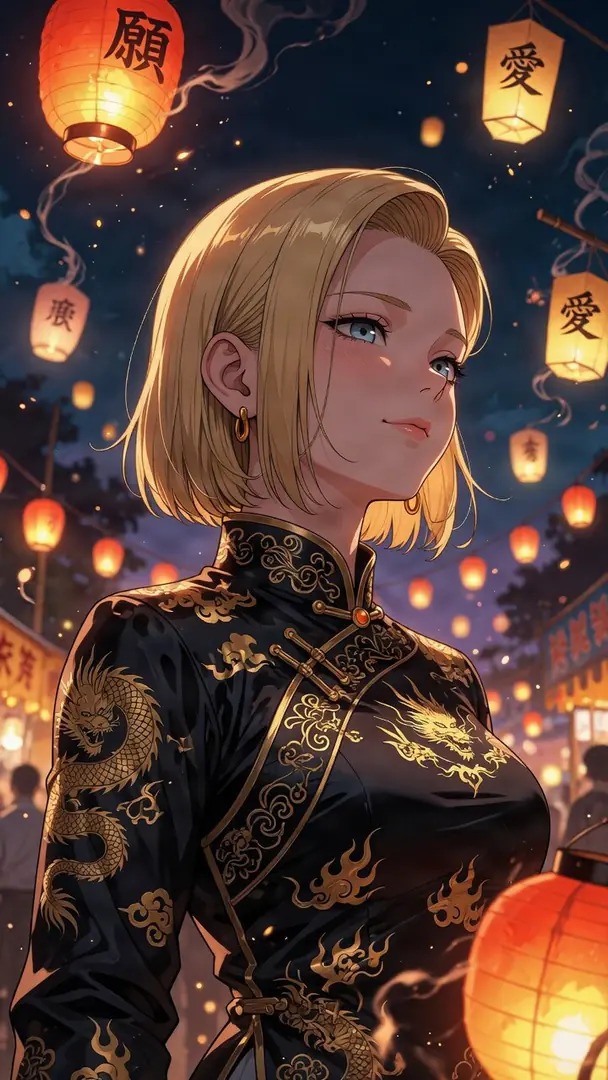 Android 18 from Dragon Ball smiles serenely while wearing an elegant black cheongsam with gold dragon embroidery amidst a nighttime festival illuminated by glowing paper lanterns.