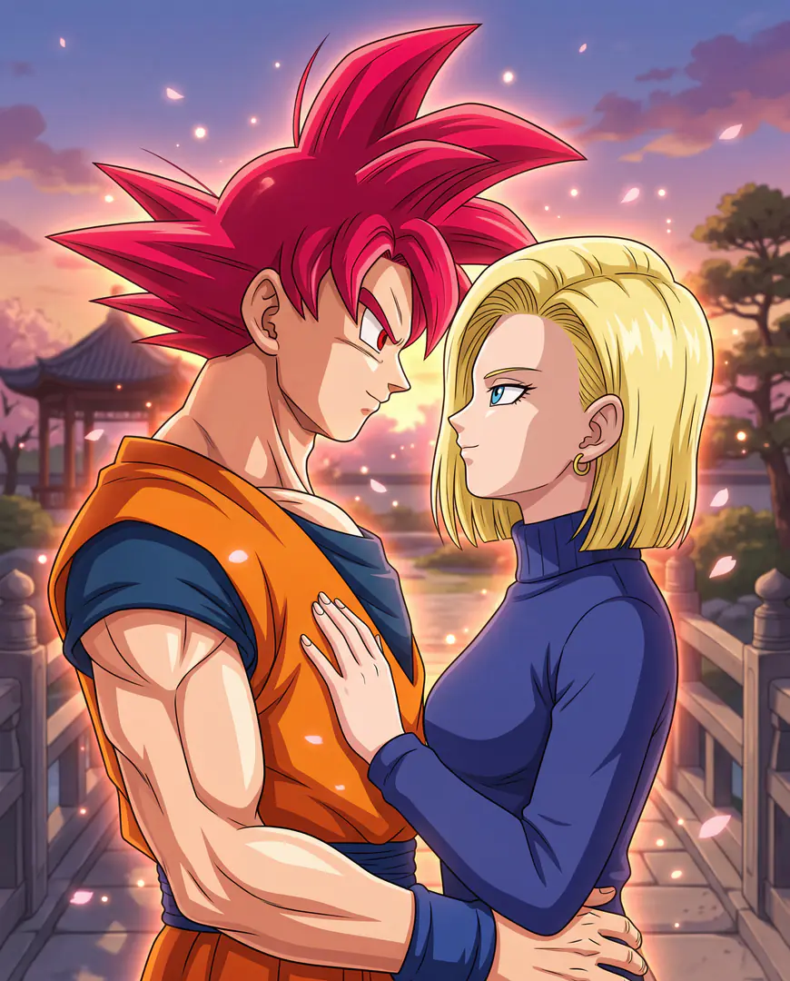 Android 18 from Dragon Ball and a red-haired Goku share a romantic embrace and gaze lovingly into each other's eyes on a bridge at sunset as cherry blossom petals fall around them.