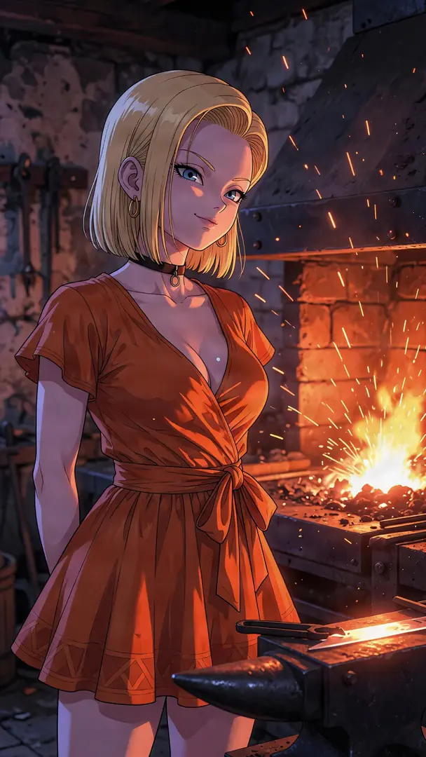 Android 18 from Dragon Ball, wearing a short orange wrap dress, stands confidently beside an anvil in a rustic, spark-filled blacksmith forge.