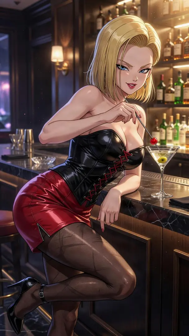 Android 18 from Dragon Ball leans against a dimly lit bar in a black leather corset and shiny red mini skirt while playfully holding a cherry over a martini glass.