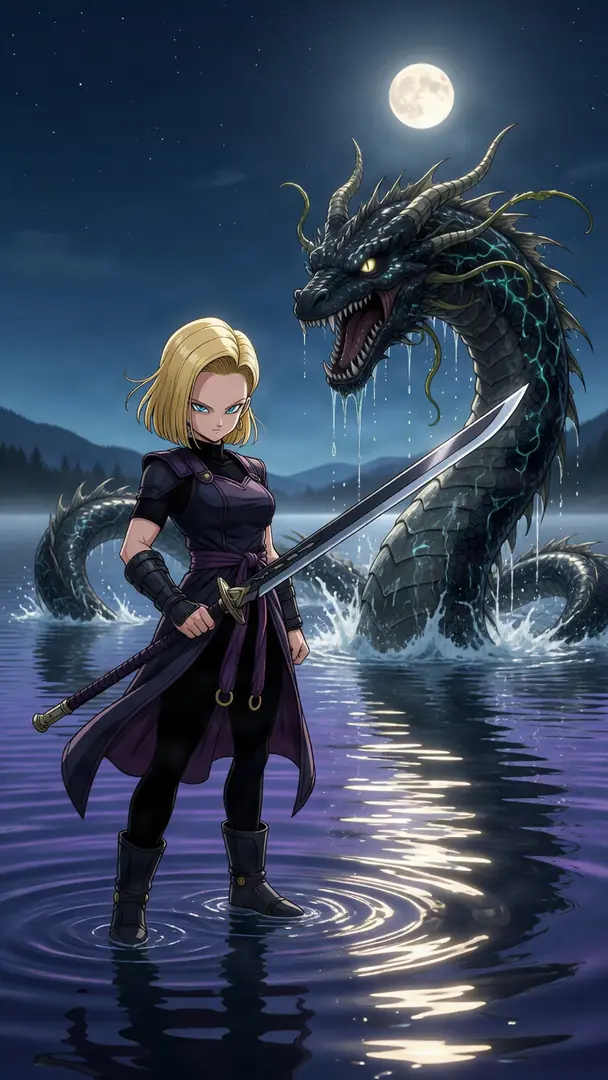 Android 18 from Dragon Ball stands in a moonlit lake wielding a long sword as a massive dark dragon emerges from the water behind her.